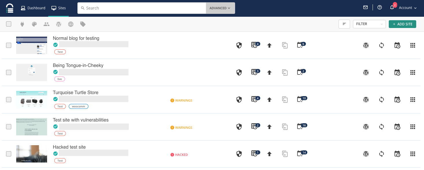 Список сайтов в WP Remote
