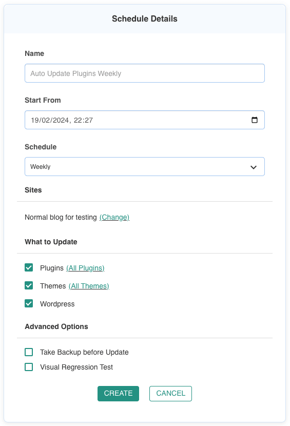 Настройки расписания автообновления в WP Remote