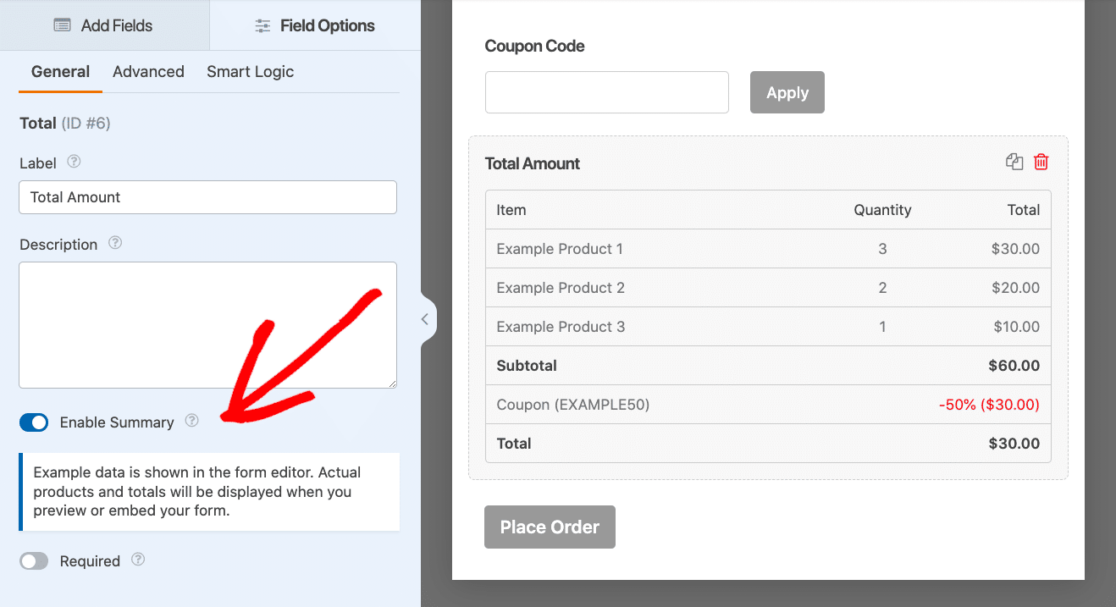 Enabling the summary in the total amount field