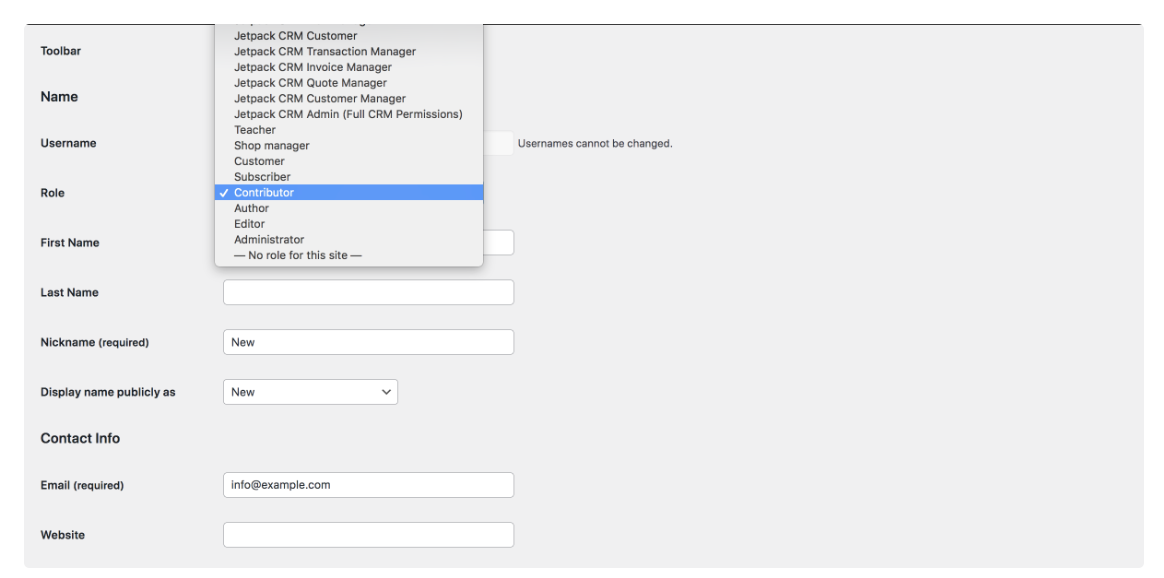 menú desplegable de roles de usuario en WordPress