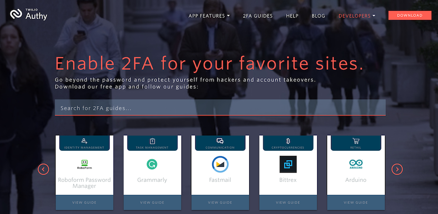 Домашняя страница Authy с руководствами по 2fa