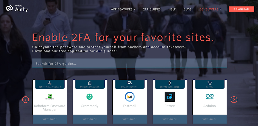 Homepage Authy con guide su 2fa