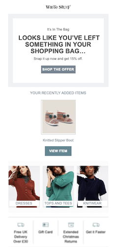 White Stuff'tan ürün önerileri içeren terkedilmiş sepet e-postası örneği