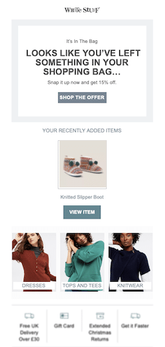Exemple d'e-mail de panier abandonné de White Stuff avec des recommandations de produits