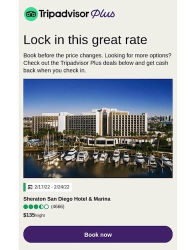 E-mail de memento privind rezervarea hotelului de la TripAdvisor