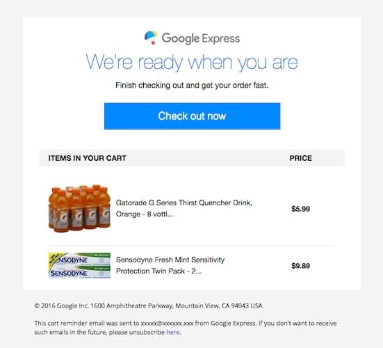 Exemplo de e-mail de carrinho de compras abandonado do Google Express