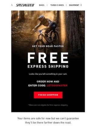 Siparişlerde ücretsiz gönderimi tanıtan bir off-road bisikletinin görsel e-postası