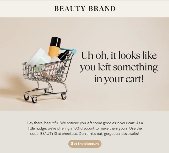 مثال على رسالة بريد إلكتروني مهجورة لعربة التسوق لمتاجر مستحضرات التجميل بالتجزئة