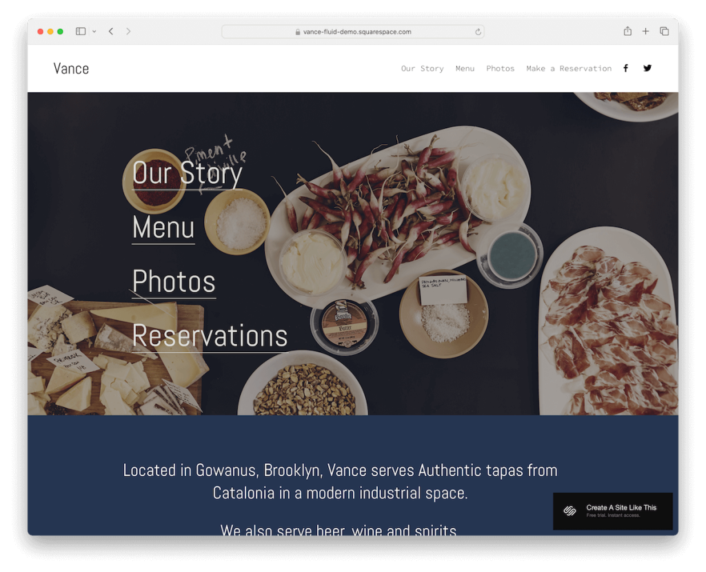 Шаблон ресторана Vance Squarespace