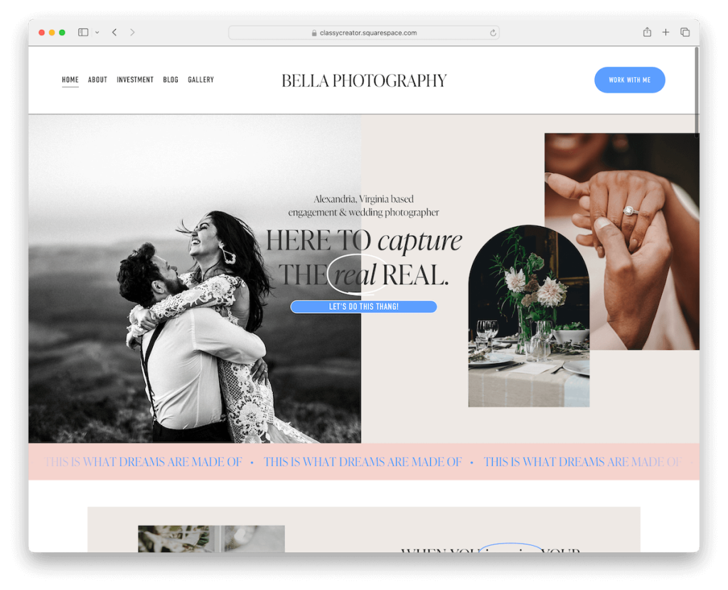 Plantilla de boda de Squarespace con clase de creador