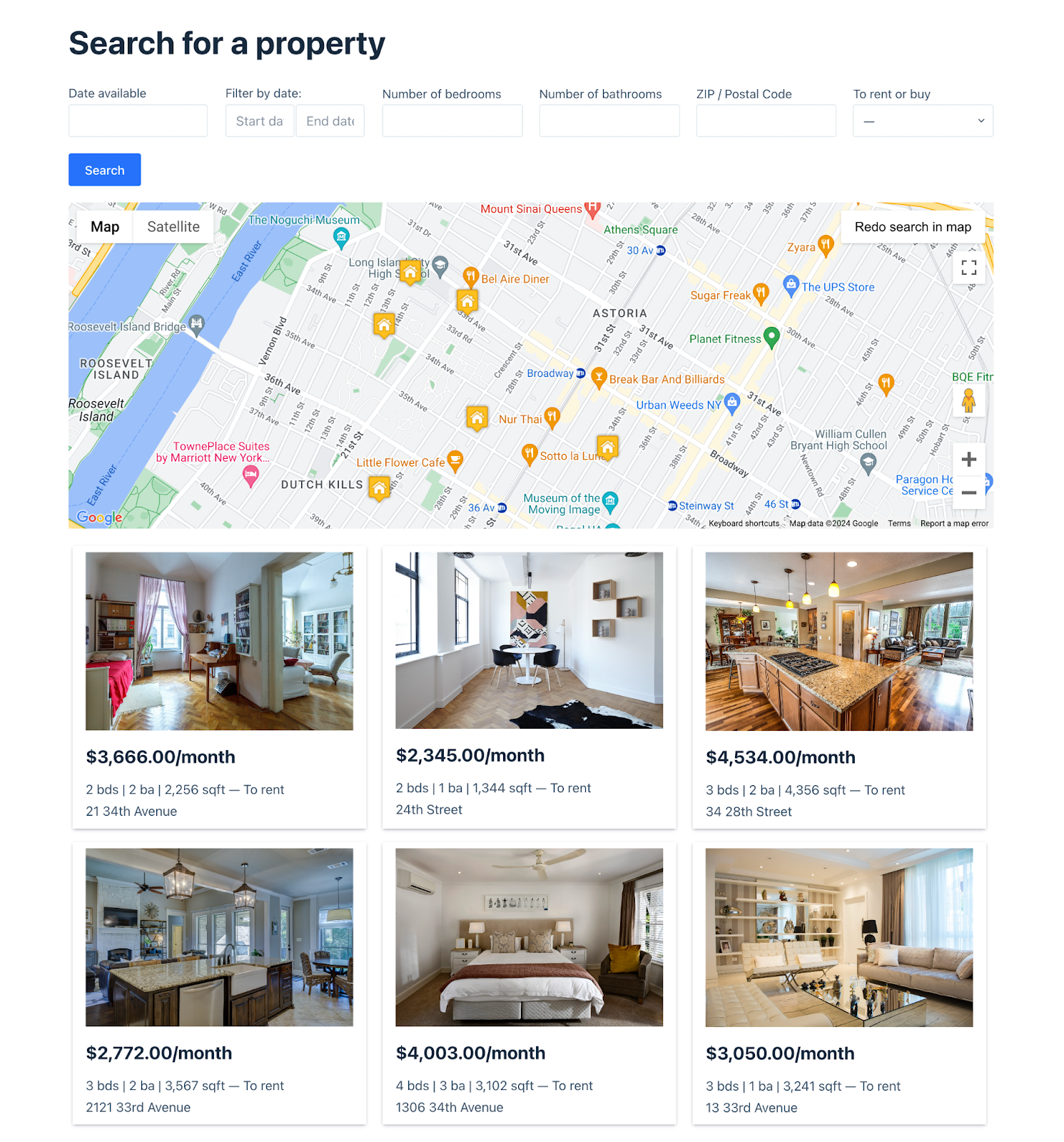 Каталог недвижимости, созданный с помощью GravityView.