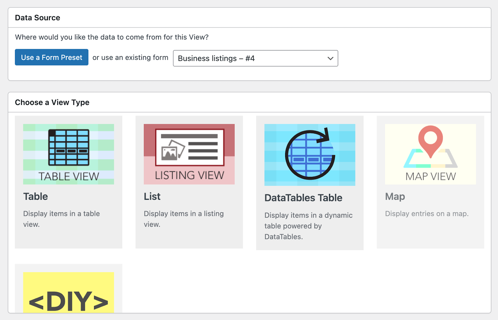 Selezione di un tipo di vista in GravityView.