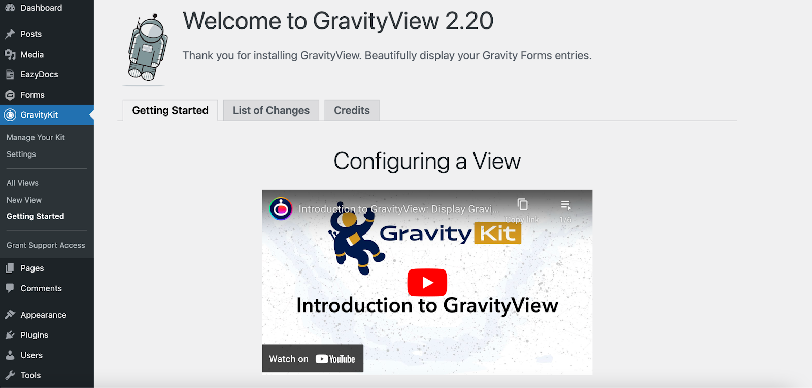 GravityView'ın karşılama sayfası.