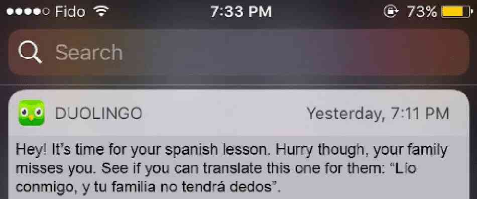 Notification push créative Duolingo