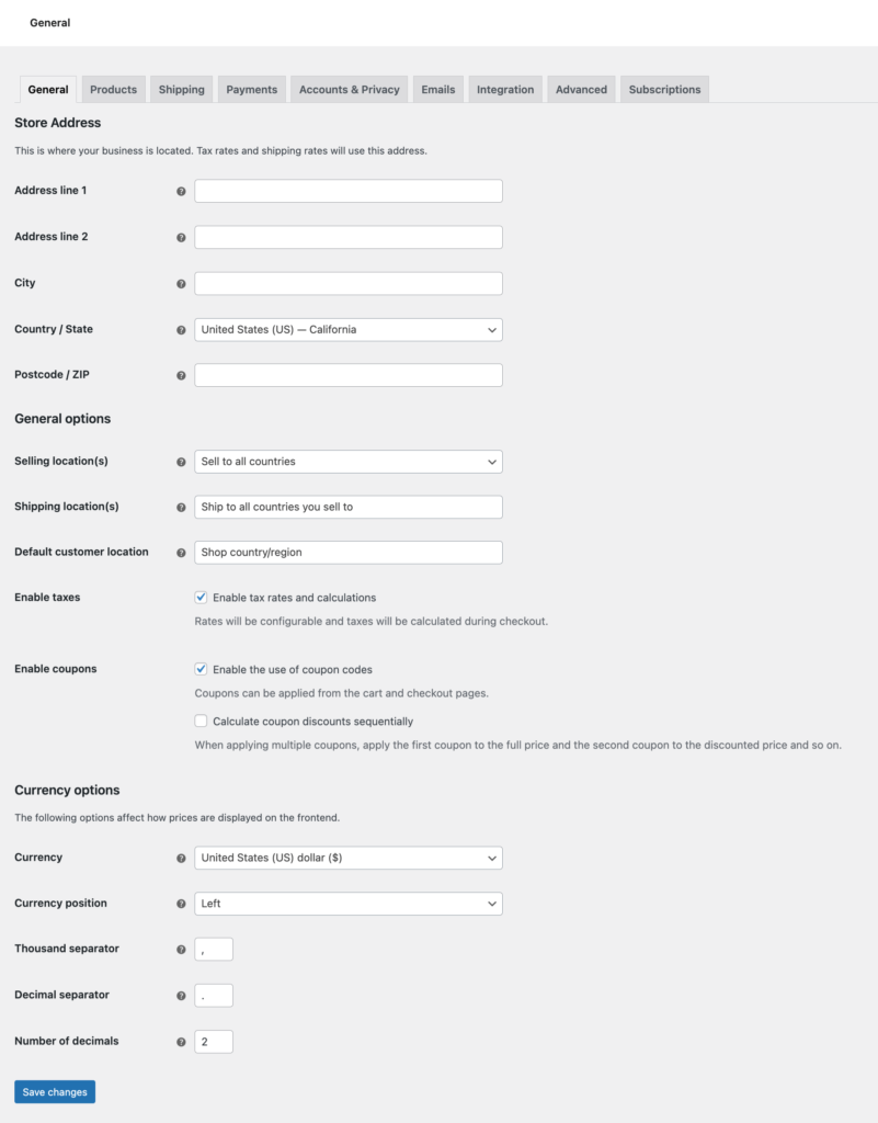 นี่คือภาพหน้าจอของการตั้งค่า WooCommerce