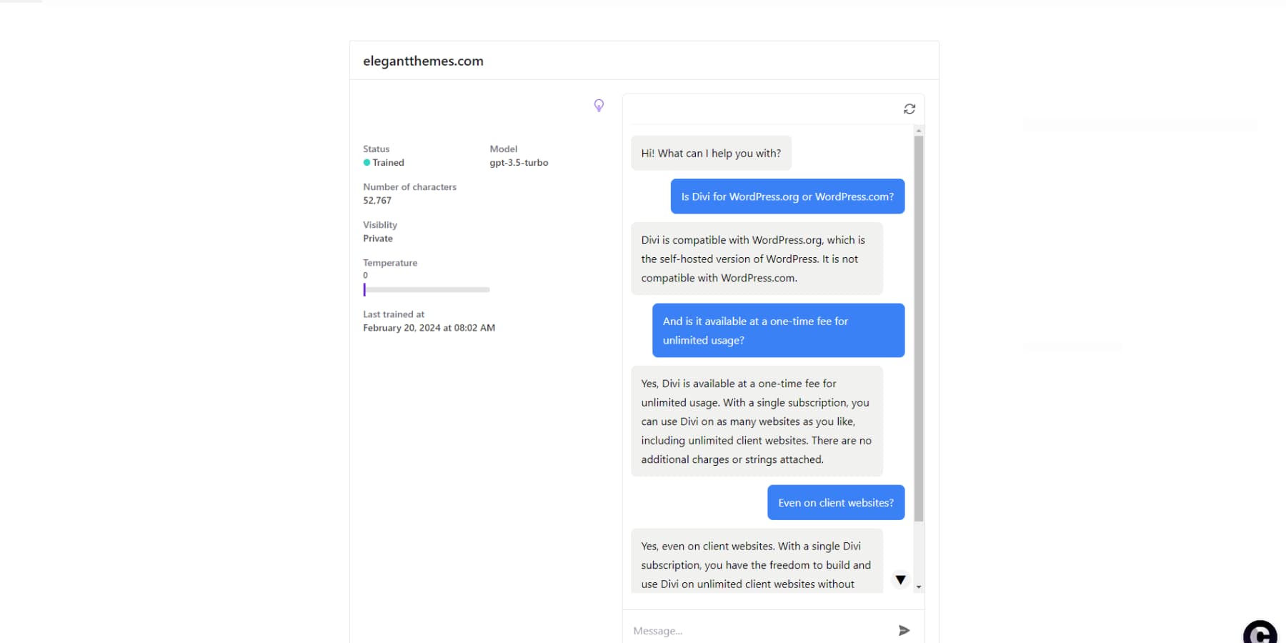 Скриншот Chatbase, отвечающего на запросы клиентов.