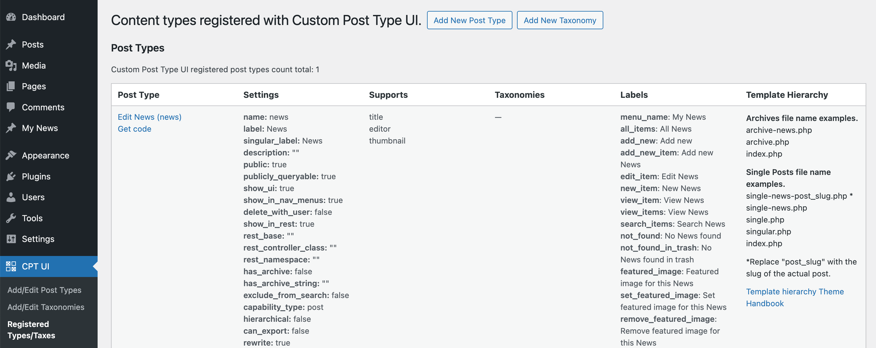 Un aperçu des types de publication personnalisés WordPress créés par le plugin Custom Post Type UI.