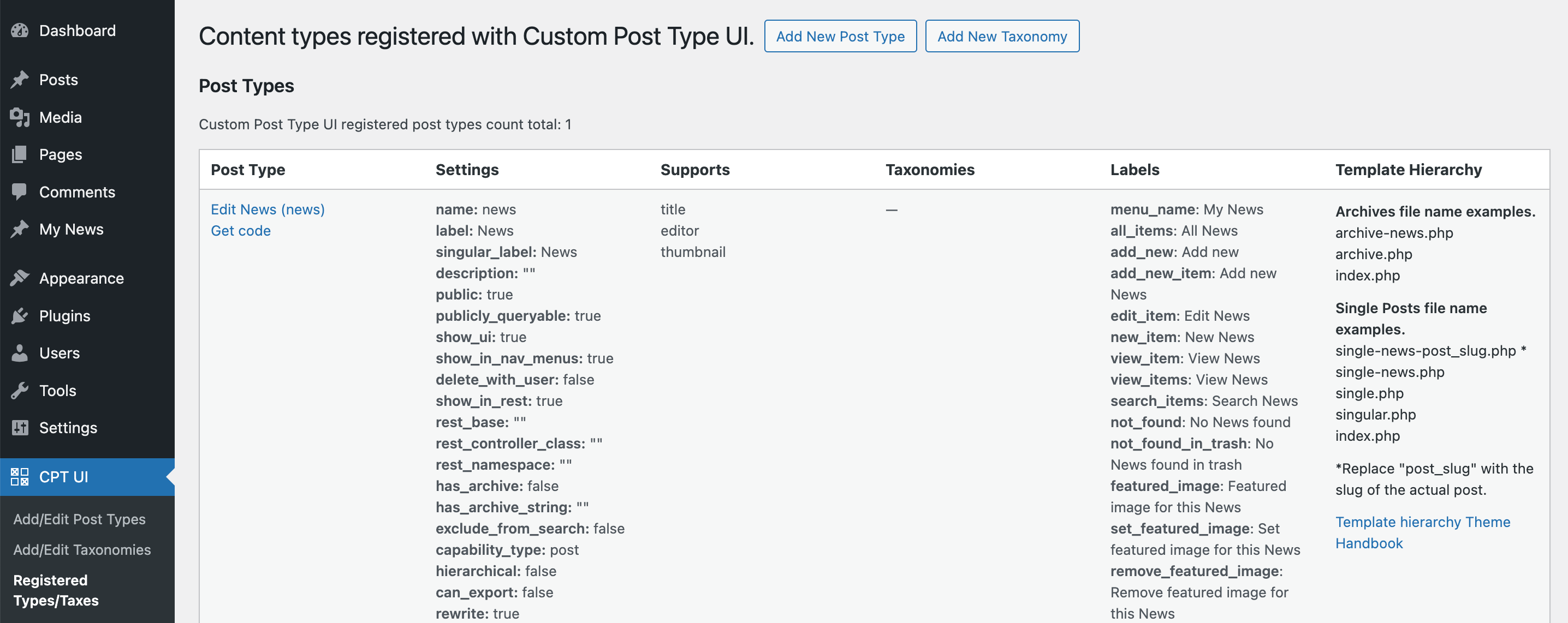 カスタム投稿タイプ UI プラグインによって作成された WordPress カスタム投稿タイプの概要。