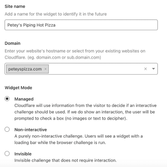 Pagina di configurazione del sito Web Cloudflare Turnstile