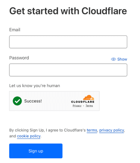 Pagina di registrazione di Cloudflare