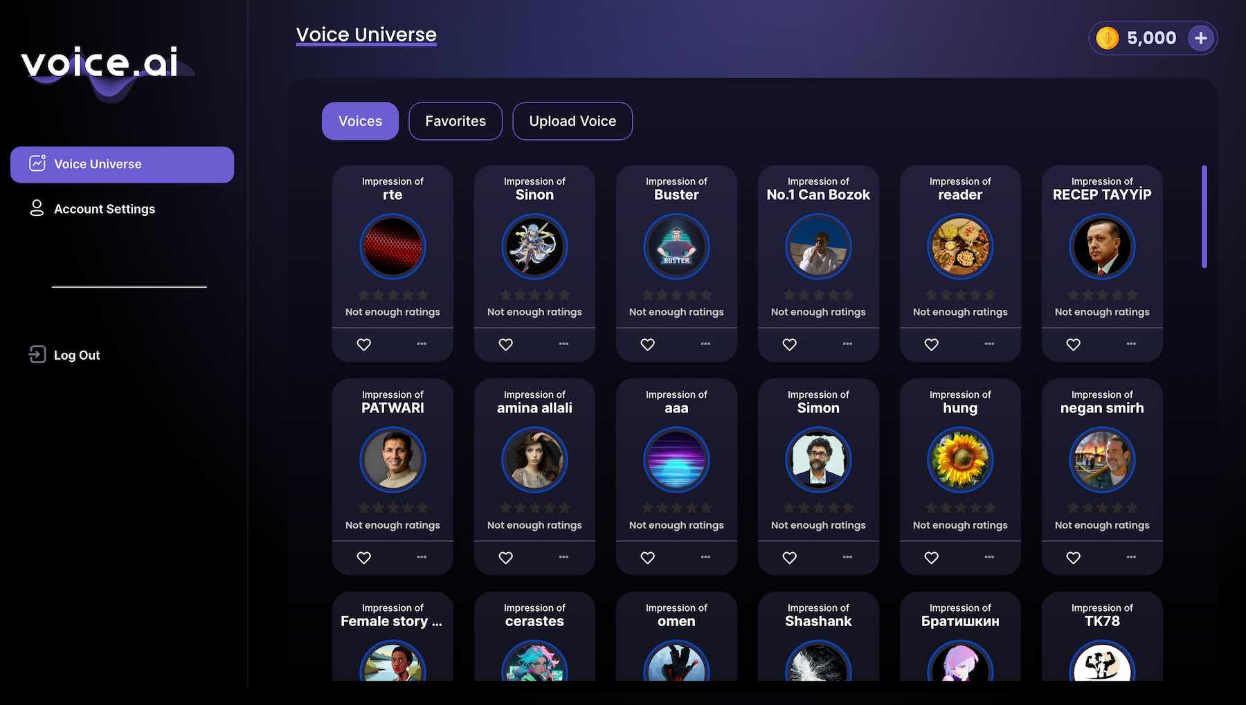 Zrzut ekranu funkcji wszechświata głosowego Voice.ai