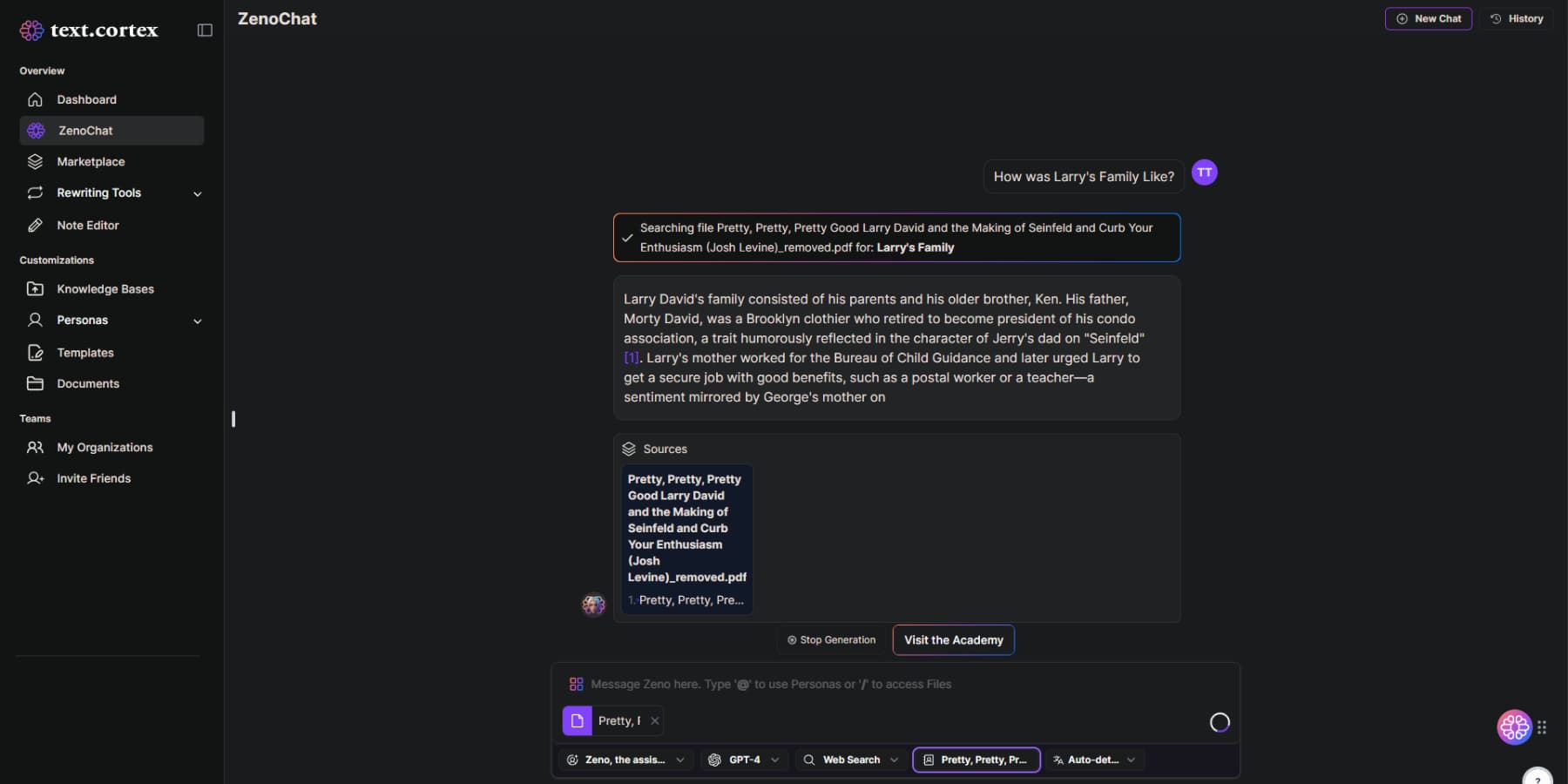 Uma captura de tela da interface do usuário do Textcortex