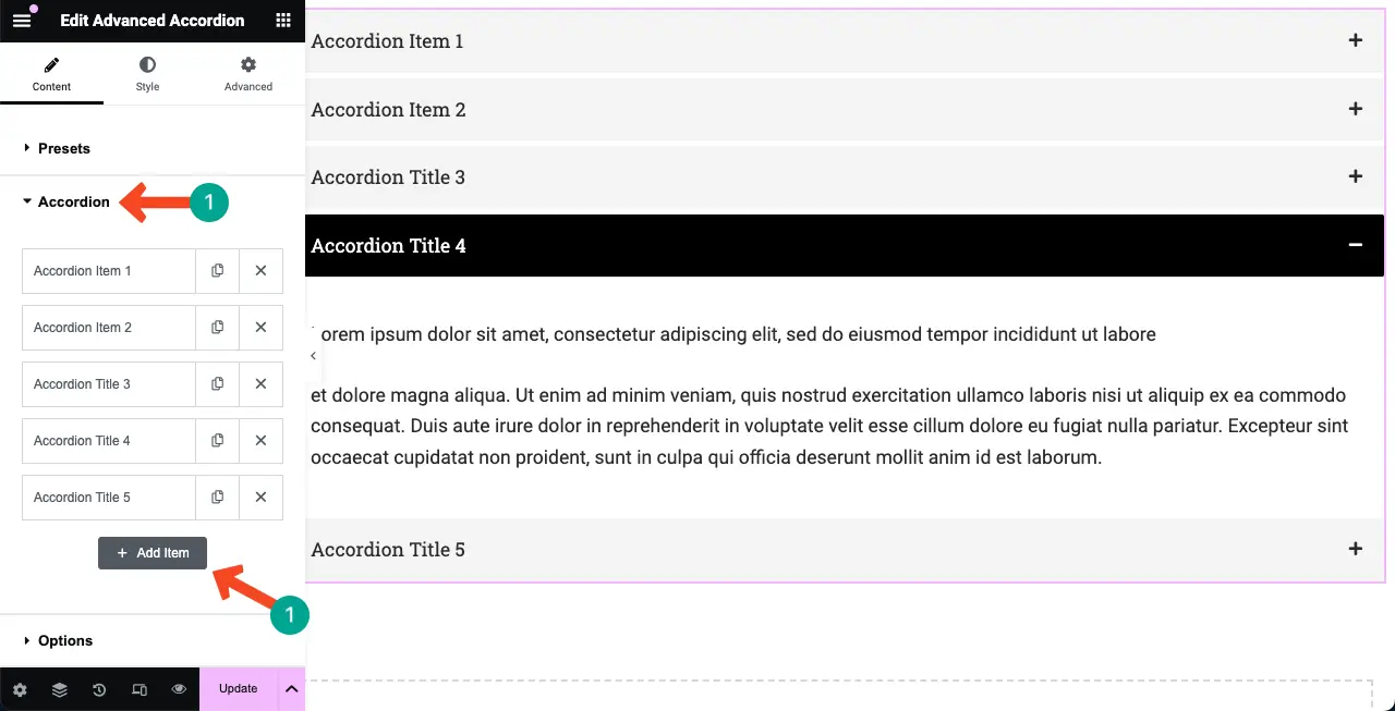 So verwenden Sie das Elementor Advanced Accordion Widget von HappyAddons 4 How to add new items to Advanced Accordion