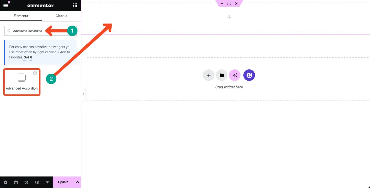 So verwenden Sie das Elementor Advanced Accordion Widget von HappyAddons 2 Drag and drop the Advanced Accordion widget to the Elementor Canvas