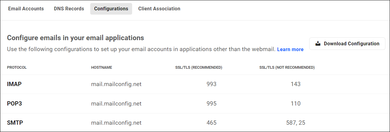 Configurações de webmail