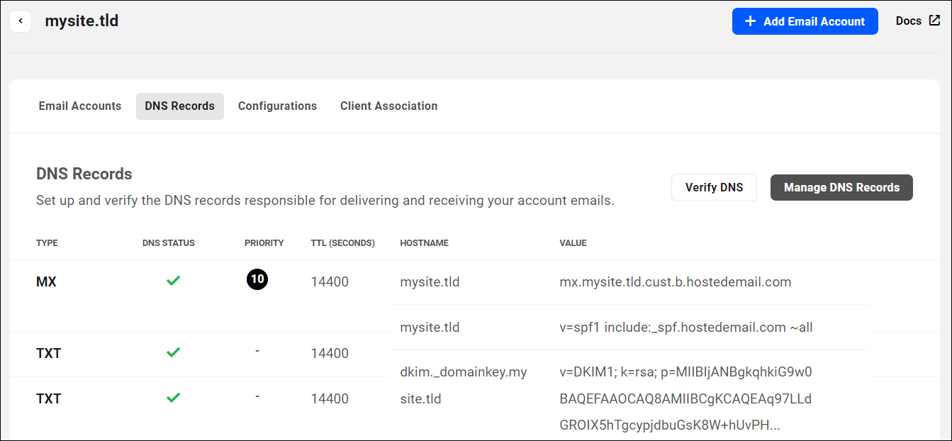 Tela de registros DNS mostrando marcas verdes no status do DNS para todos os registros.