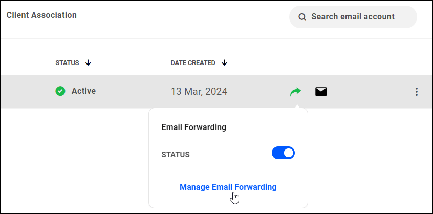 Webmail - Cuentas de correo electrónico - Reenvío de correo electrónico con el estado activado y Administrar reenvío de correo electrónico seleccionado.