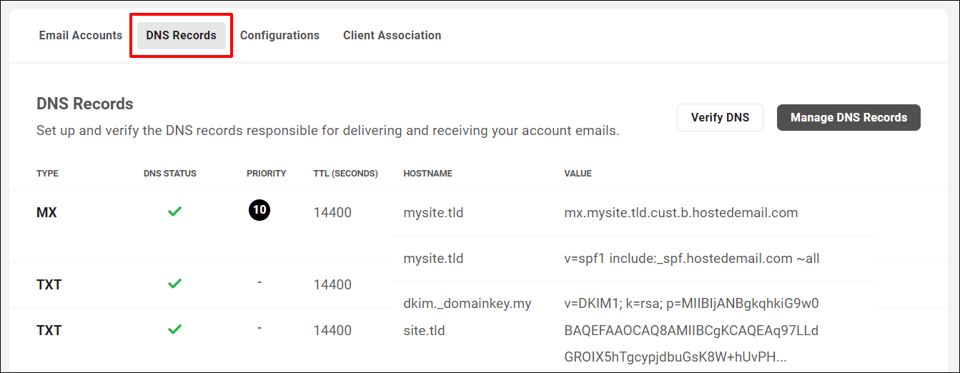 Вкладка DNS-записи