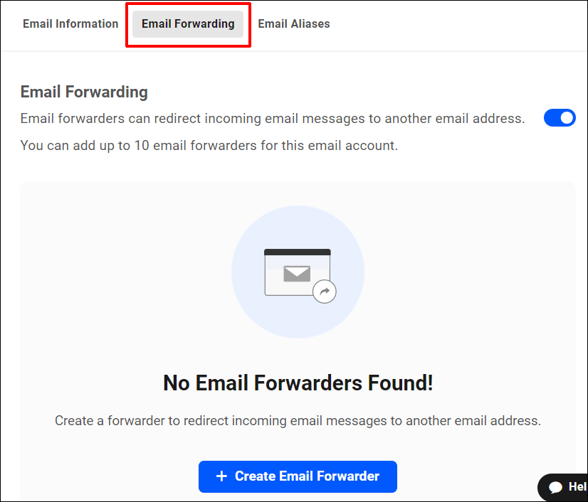 Schermata di inoltro e-mail senza ancora alcun forwarder configurato.