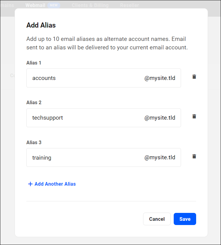 Webmail - Tela Adicionar Alias ​​com três aliases configurados.