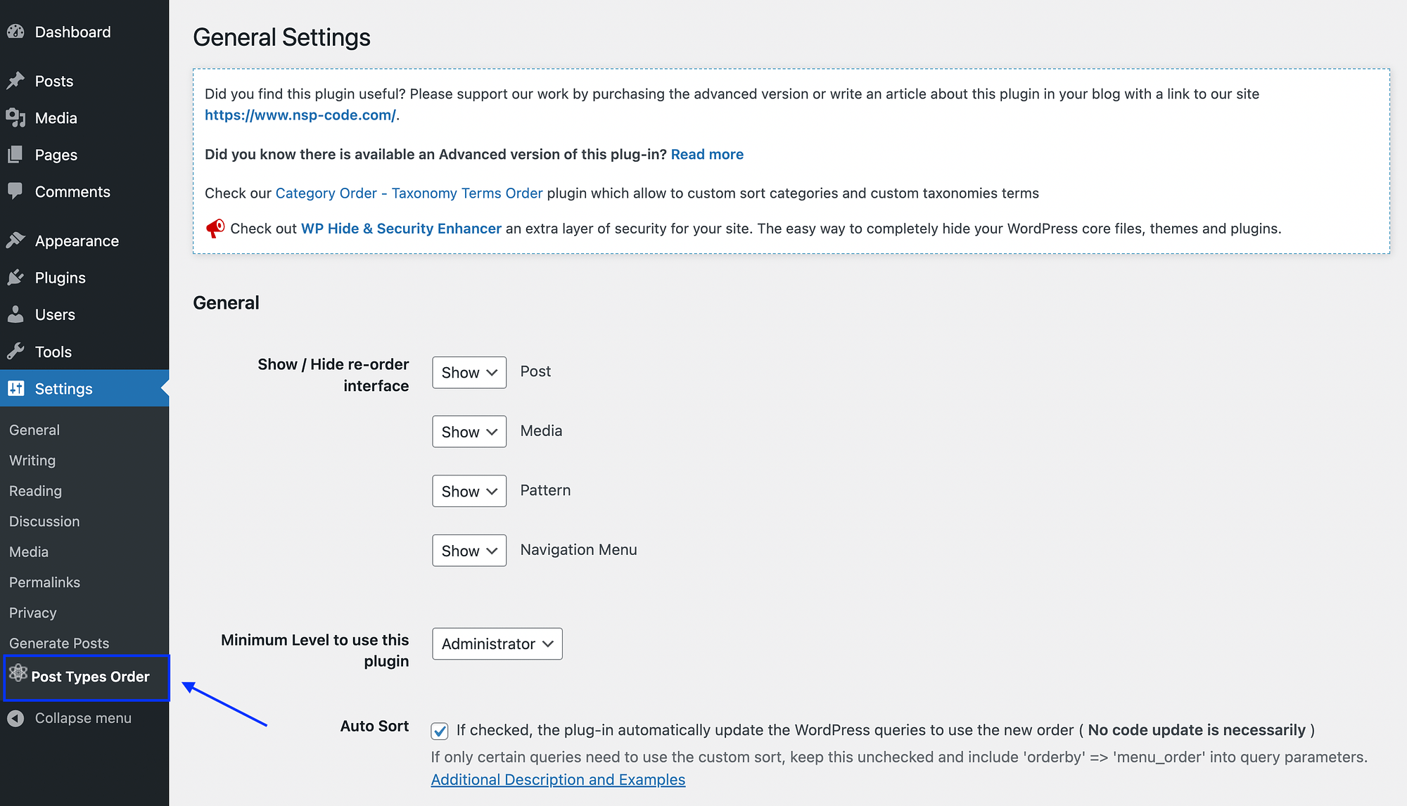 Tipi di post Ordina impostazioni del plugin