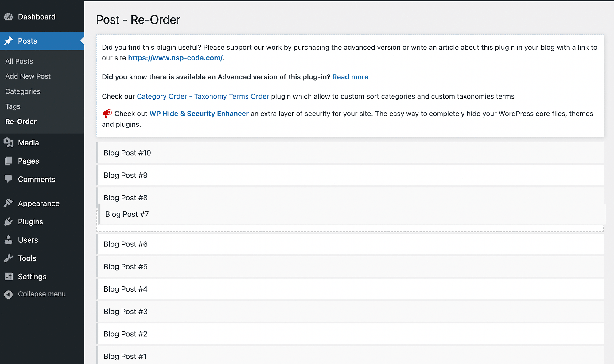 プラグインの Post Re-Order インターフェイス