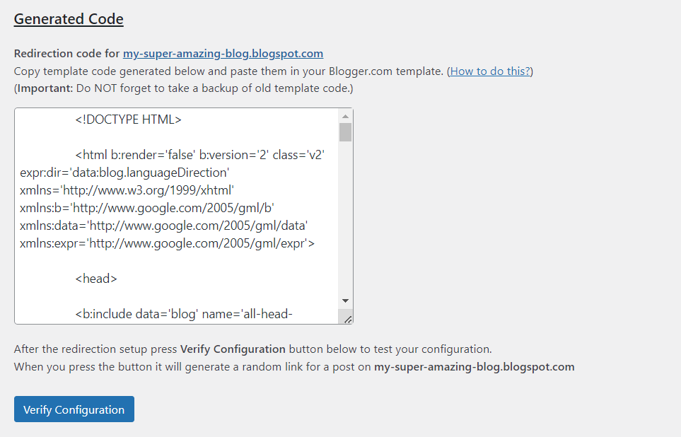 Сгенерированный код для перенаправления переноса Blogger на WordPress.