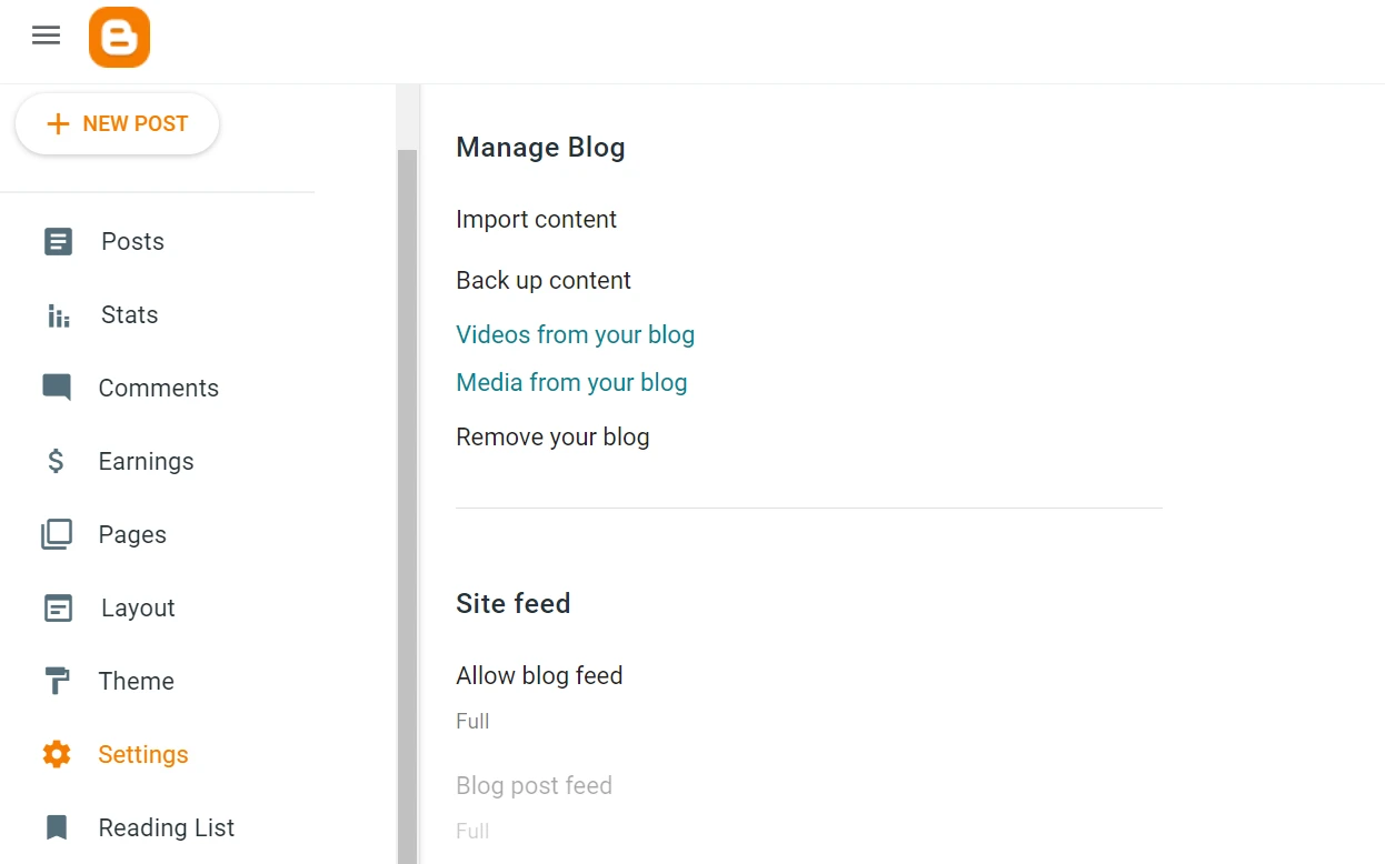 Secțiunea Gestionați blogul din Blogger