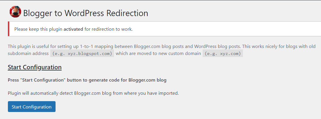 Page de redirection de Blogger vers WordPress