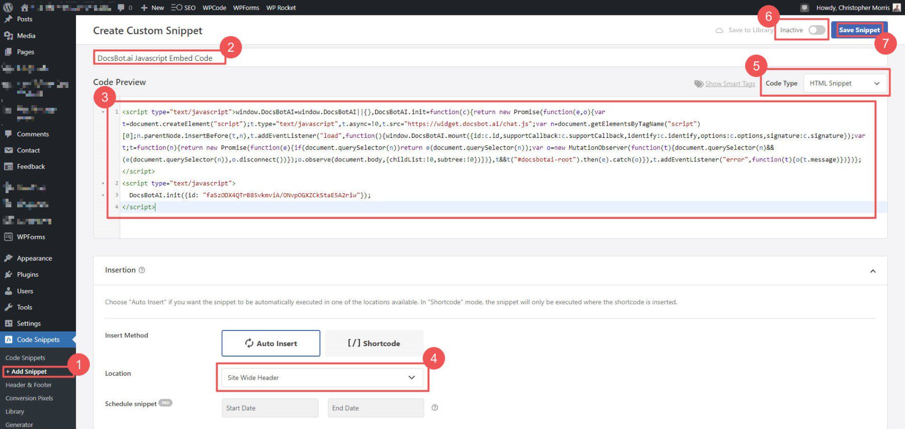 Zainstaluj Chatbota na WordPressie za pomocą WPCode - kroki 1-7