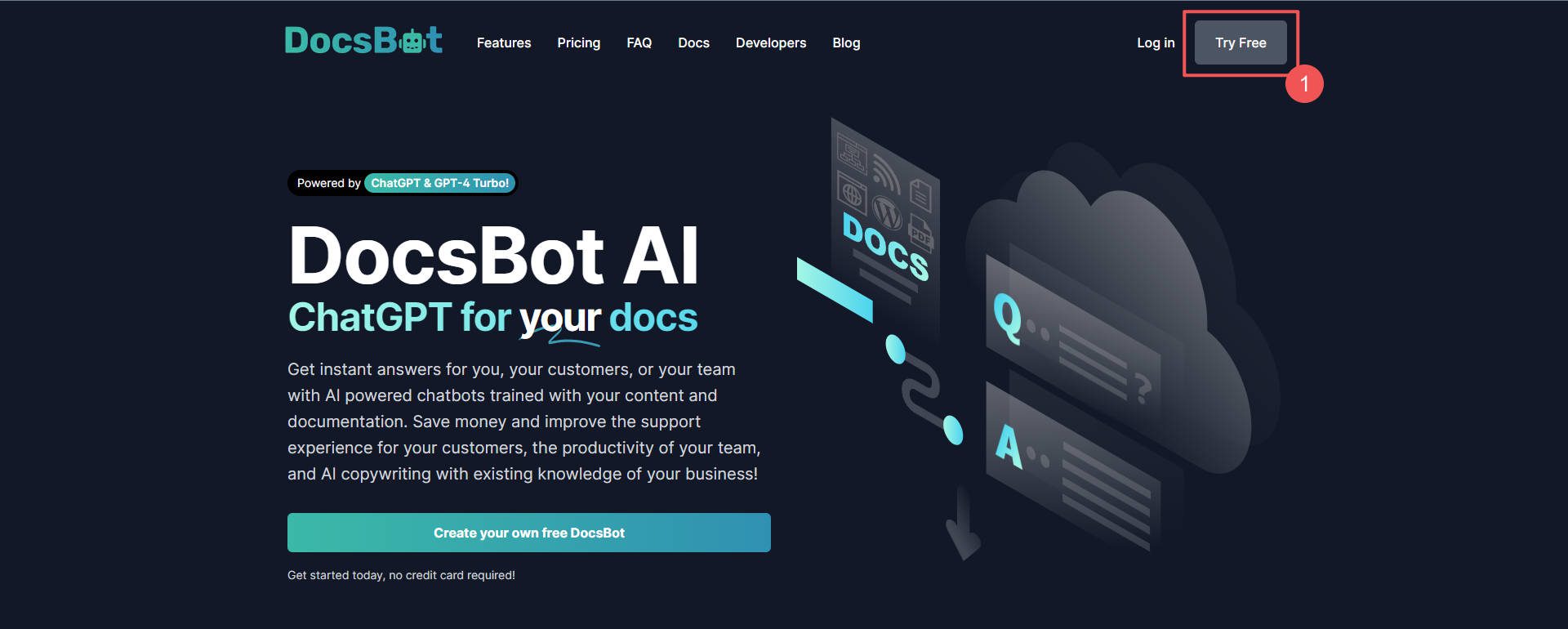 Registrieren Sie sich für DocsBot.ai – Schritte 1
