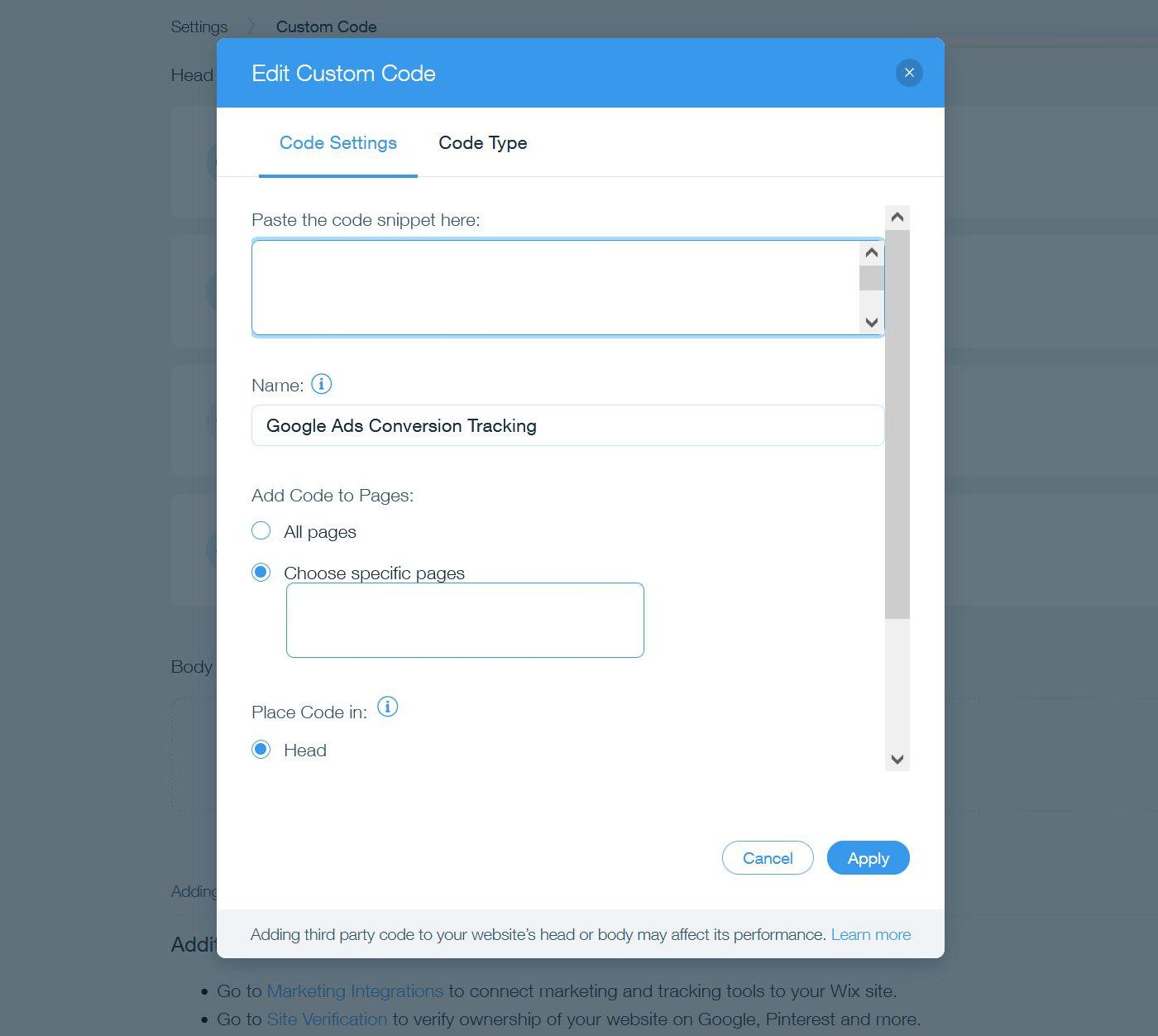 Instalacja niestandardowego kodu Wix dla Chatbotów