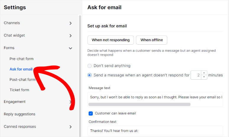 livechat-ask-for-email-settings - IsItWP - 無料の WordPress テーマ検出ツール livechat ask for email settings