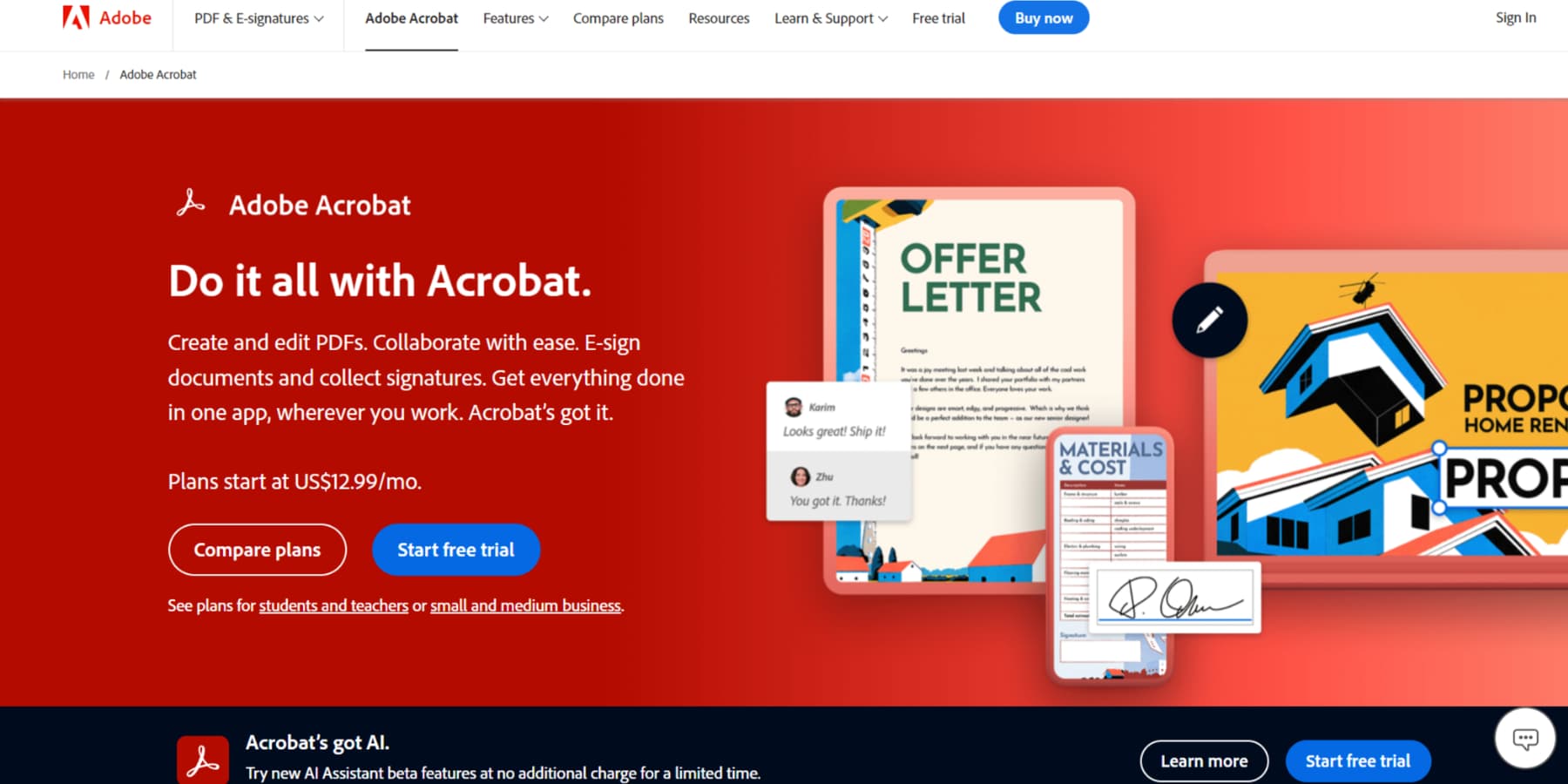 Adobe Acrobat 首頁的螢幕截圖