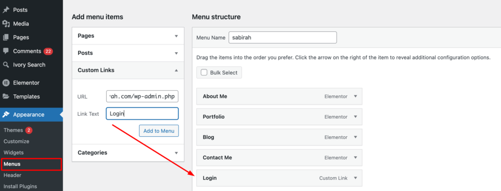 Tangkapan layar untuk menambahkan menu login di situs WordPress Anda
