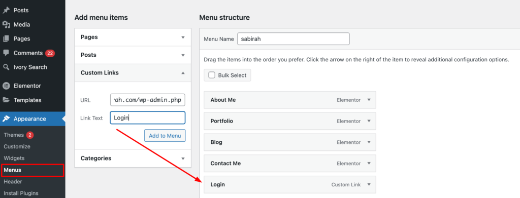 ภาพหน้าจอเพื่อเพิ่มเมนูเข้าสู่ระบบบนเว็บไซต์ WordPress ของคุณ