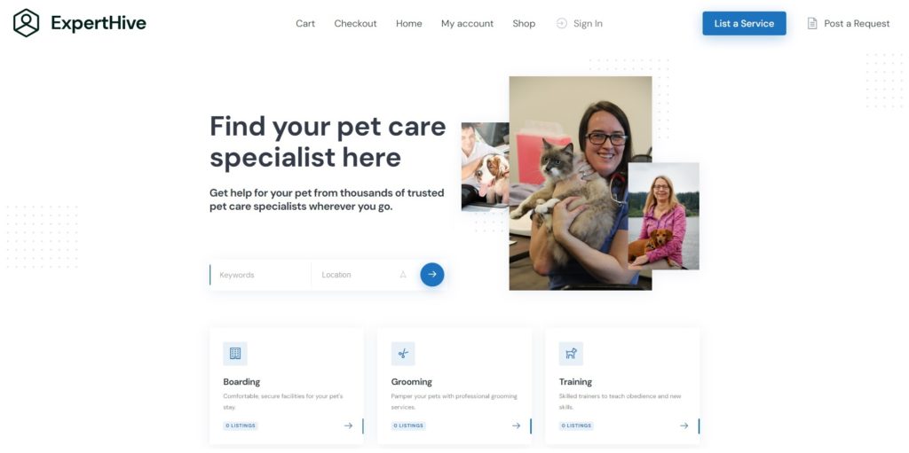 Tema WordPress ExpertHive per la cura degli animali domestici.
