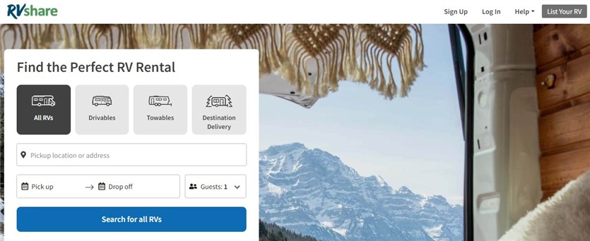 Screenshot der Startseite des RVShare-Marktplatzes zum Vermieten Ihres Wohnmobils.