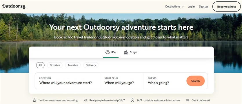 Zrzut ekranu przedstawiający rynek wynajmu Outdoorsy, na którym możesz wynająć swój kamper.