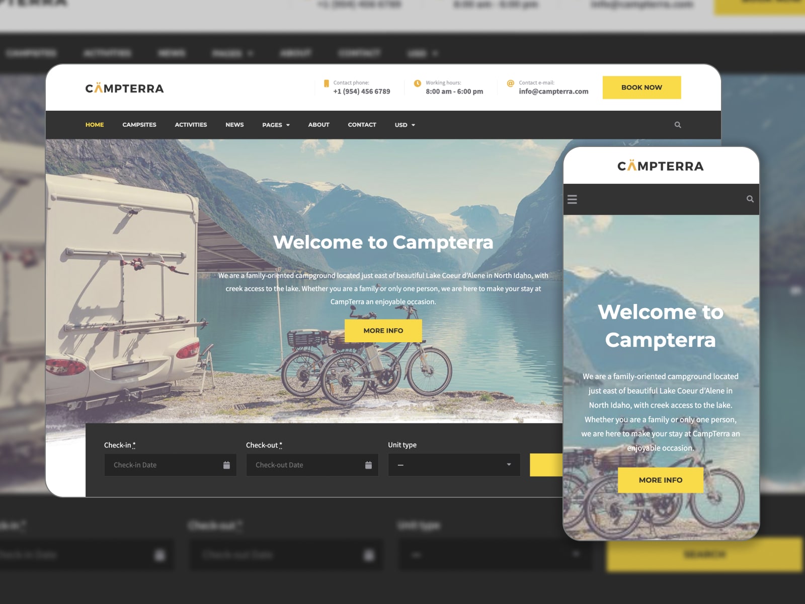 青、黄、白の色の Campterra キャンプ WordPress テーマのデモ Web サイトのコラージュ。